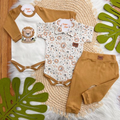 Conj. de Malha 3 peças - Leãozinho com Jubinha e Safari - Caramelo e Off White